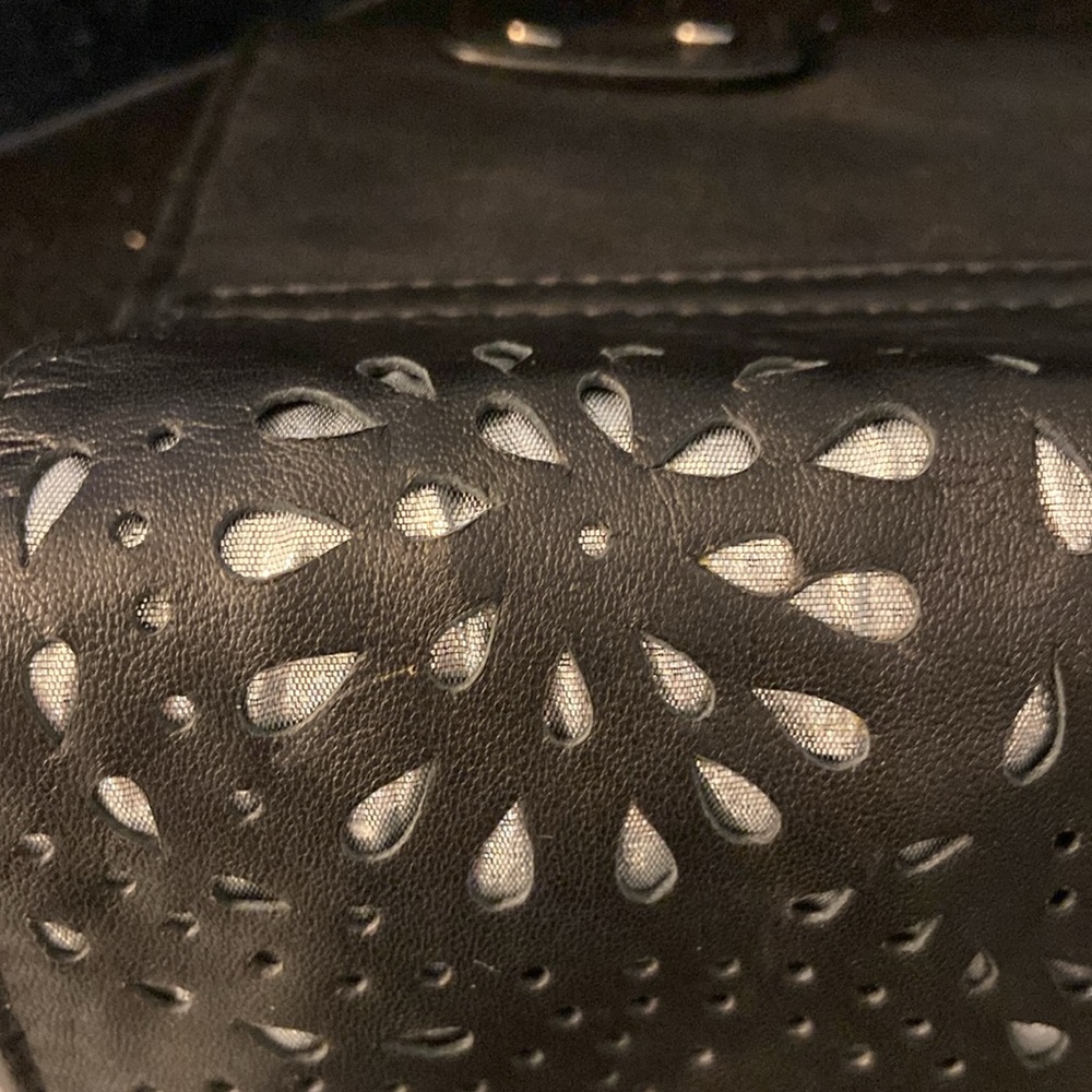 Black Pierced Leather Wallet Clutch with Silver Underlay & Hardware - Picture 11 of 12